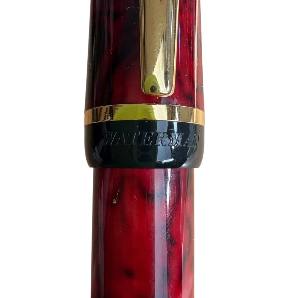 New Waterman Paris‎ Rollerball Pen Red Marble Gold Trim w/ Original Box Blue Ink
